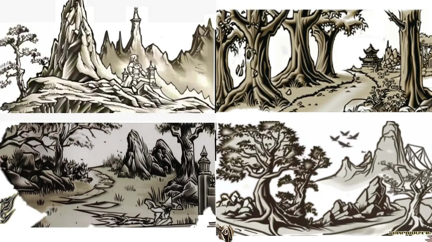 Ethereal Ink-Wash Landscapes: A Fusion of East Asian Brushwork with Western Monochrome - Midjourney sref style