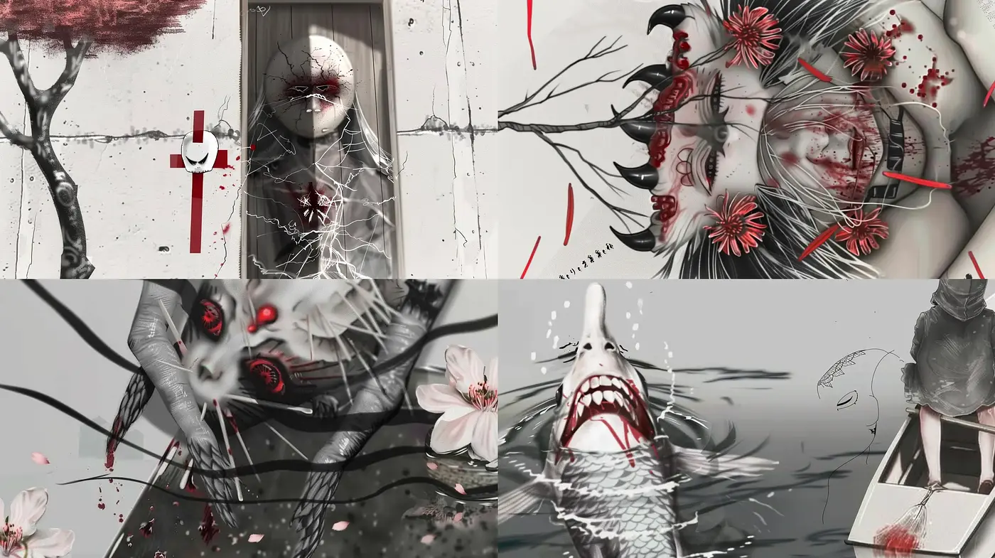 Monochromatic Surrealism with a Touch of Crimson - Midjourney sref style