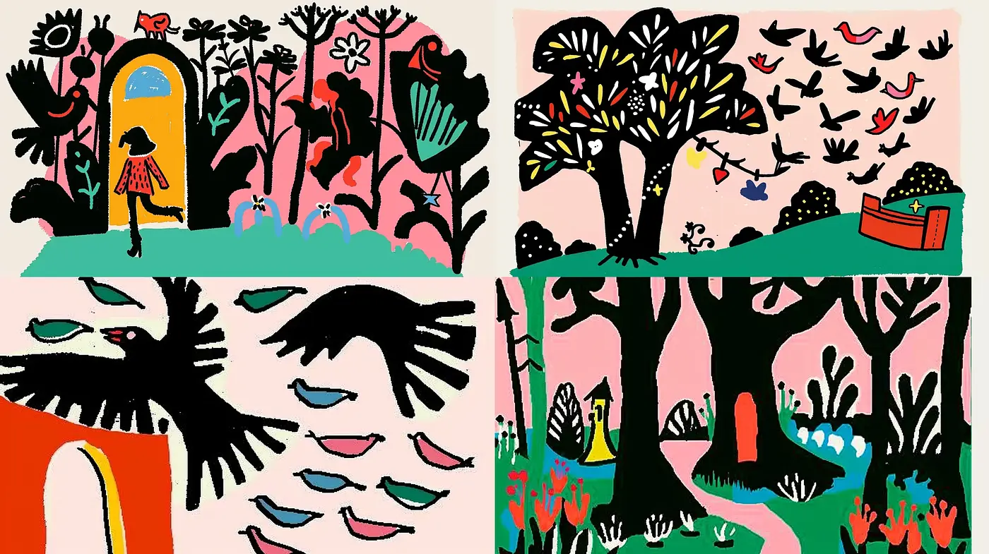 Whimsical Storybook Illustrations with Bold Contrast - Midjourney sref style
