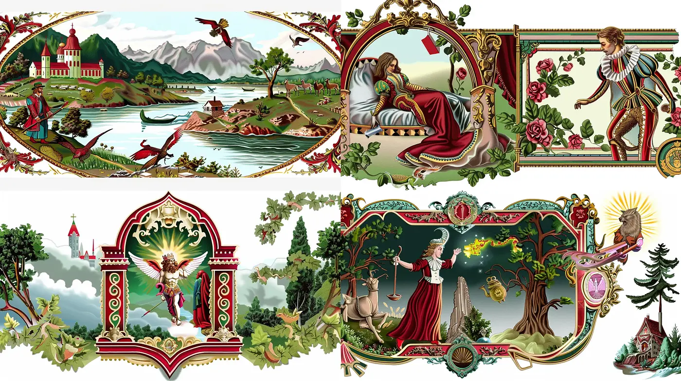 Ornate Tapestry Narratives in Lush, Vivid Storybook Hues - Midjourney sref style