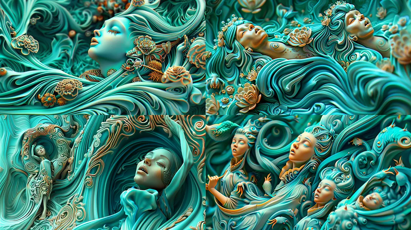 Ethereal Aquamarine Dreamscape: A Study in Surreal Swirls and Serene Expression - Midjourney sref style