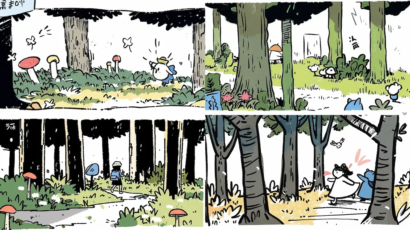 Whimsical Forest Dreamscape in Pastel Hues and Inked Contours - Midjourney sref style