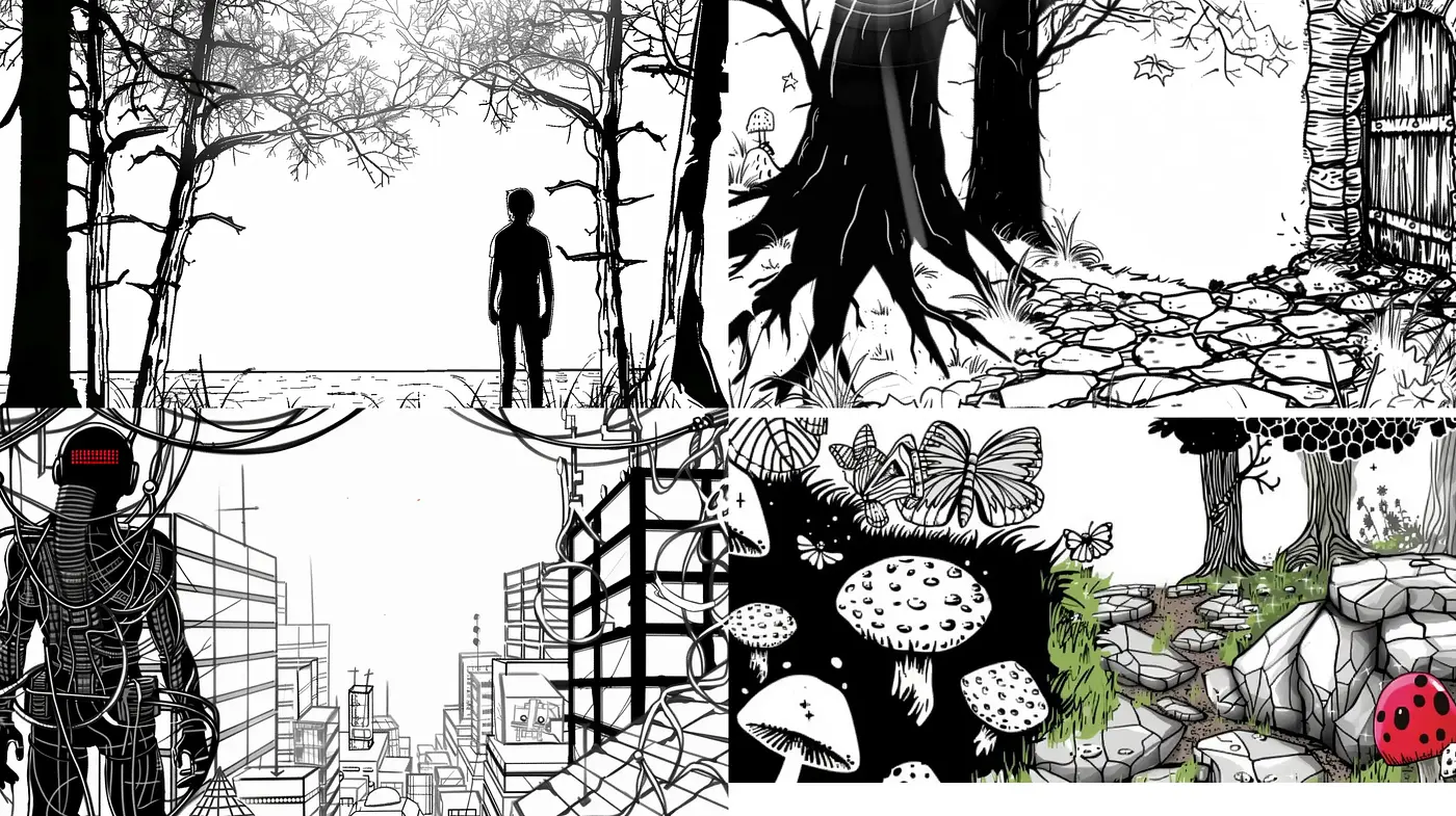 Monochromatic Whimsy: Pen-and-Ink Storybook Illustrations - Midjourney sref style