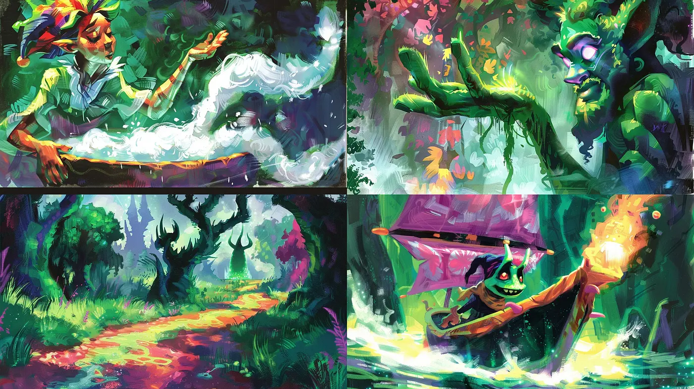 Luminous Mystic Forest: A Vivid Blend of Whimsy and Energetic Brushwork - Midjourney sref style
