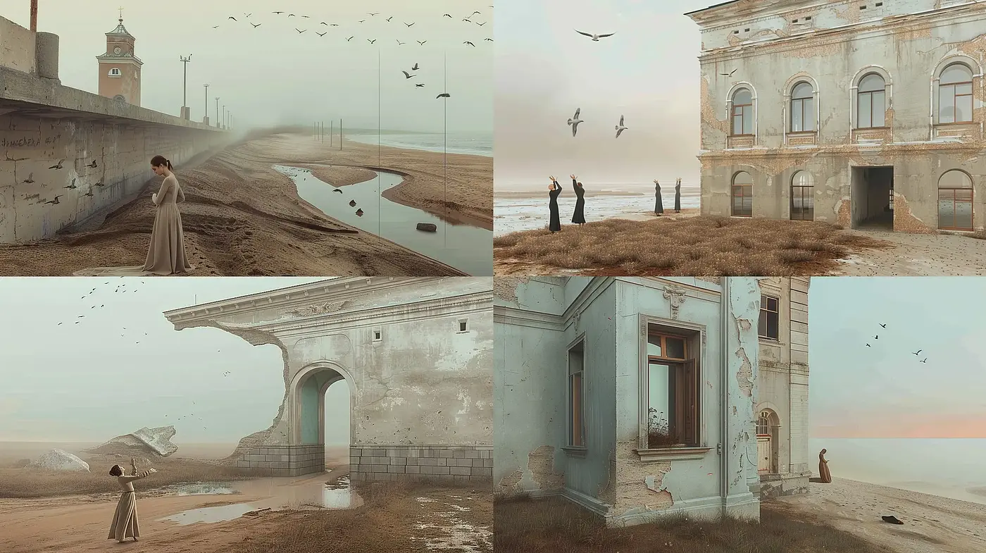 Ethereal Decay of Time: A Homogeneous Vision of Surreal Architectural Erosion - Midjourney sref style