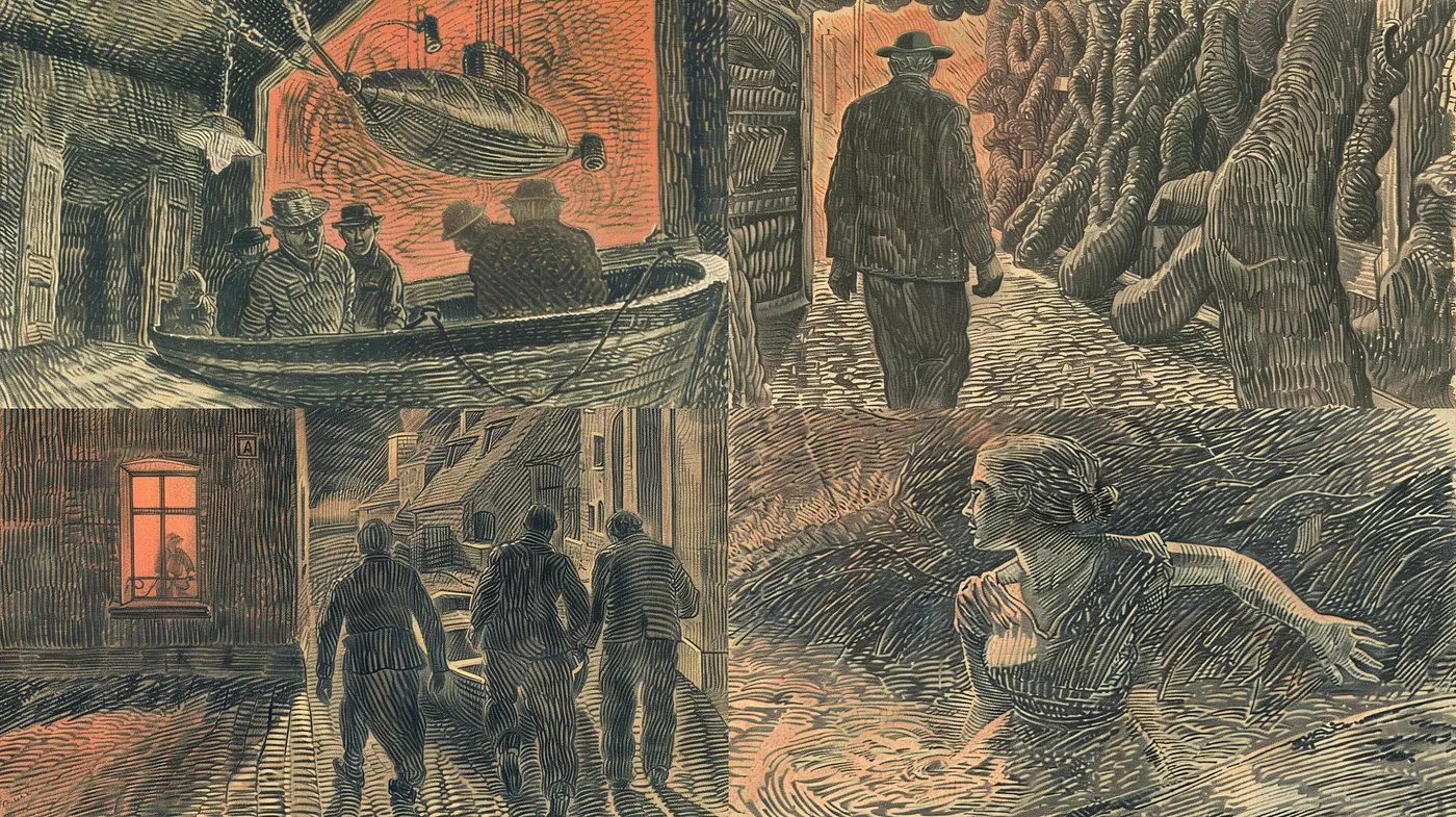 Etched Twilight: A Fusion of Amber Hues and Vintage Engravings - Midjourney sref style