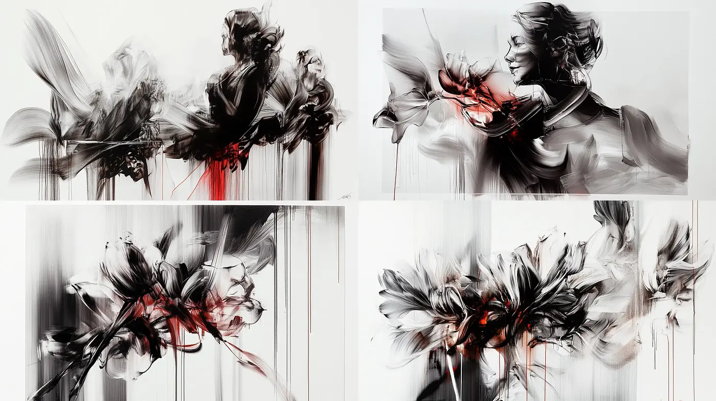 Ephemeral Swirls of Monochrome: An Ethereal Dance in Gray and Crimson - Midjourney sref style