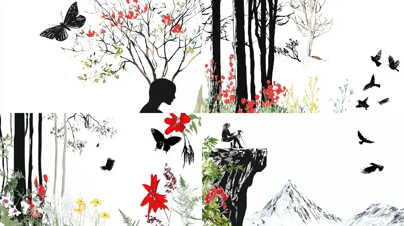 Ethereal Nature-Inspired Stylized Imagery with Monochrome and Red Accents - Midjourney sref style