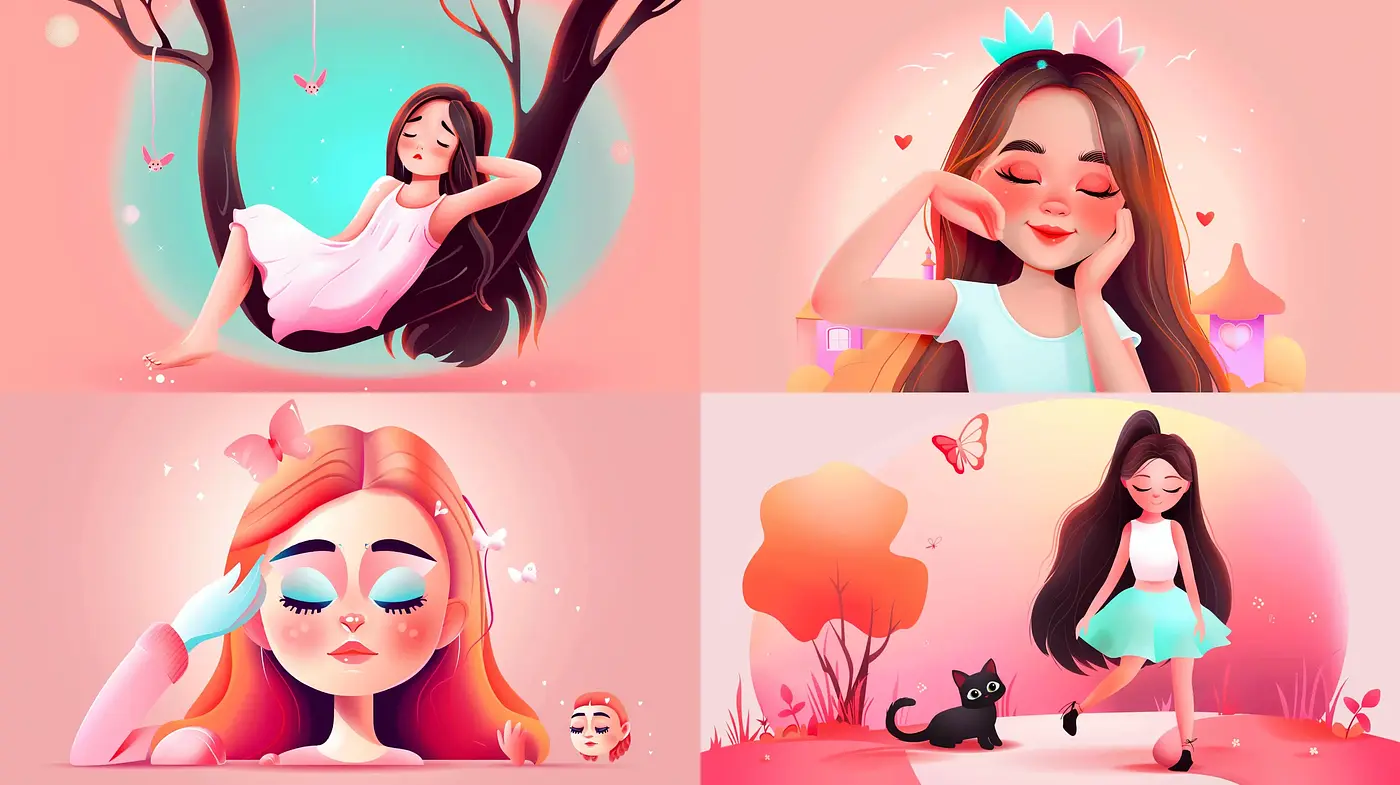 Enchanting Coral Hues in Whimsical Character Illustrations - Midjourney sref style