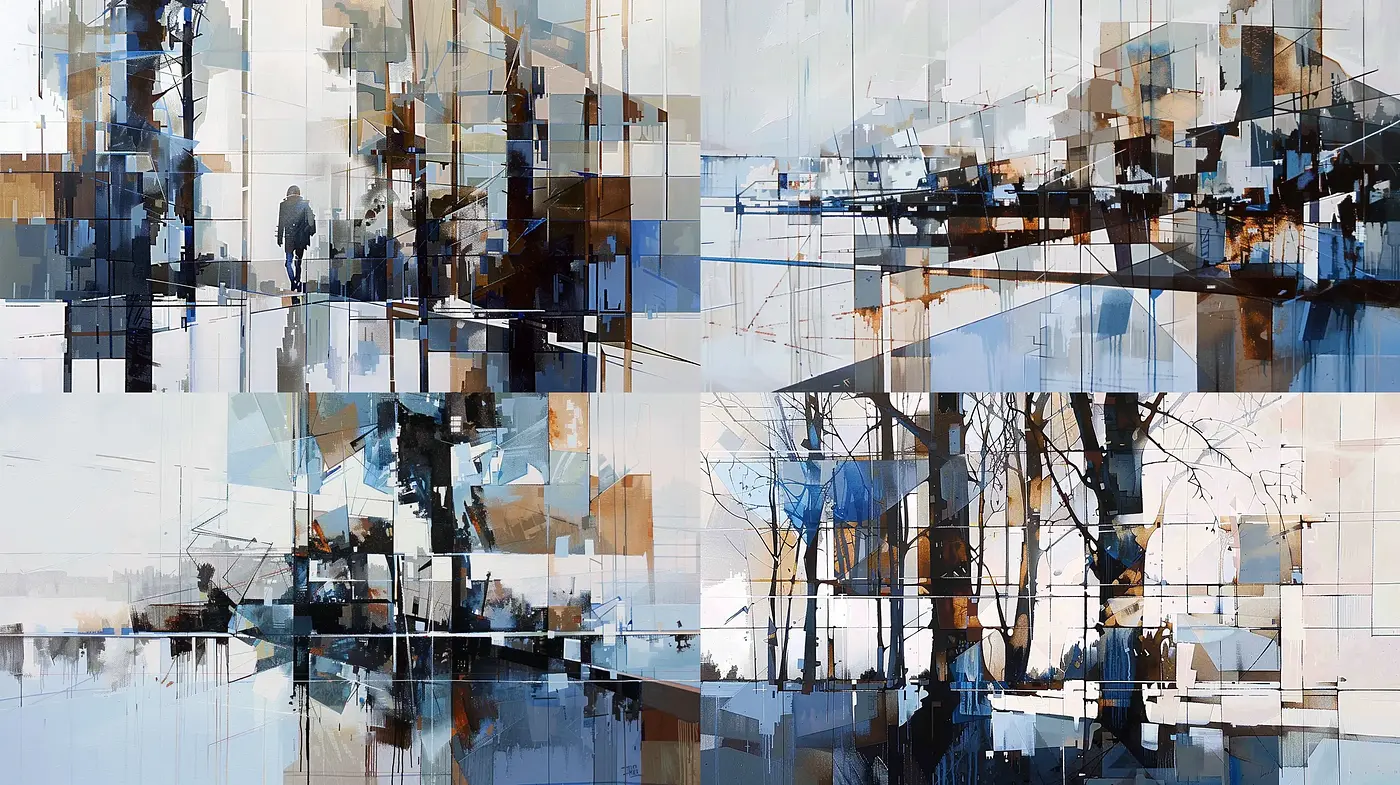 Abstract Geometric Fragmentation in Cool and Warm Tones - Midjourney sref style