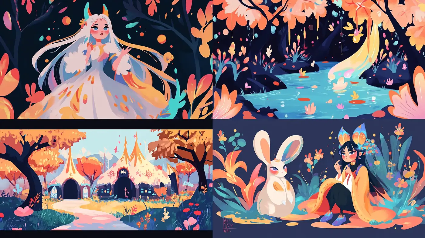 Whimsical Twilight Enchantment: A Harmonious Blend of Magical Characters in a Twilight-Toned Pastel Dreamscape - Midjourney sref style