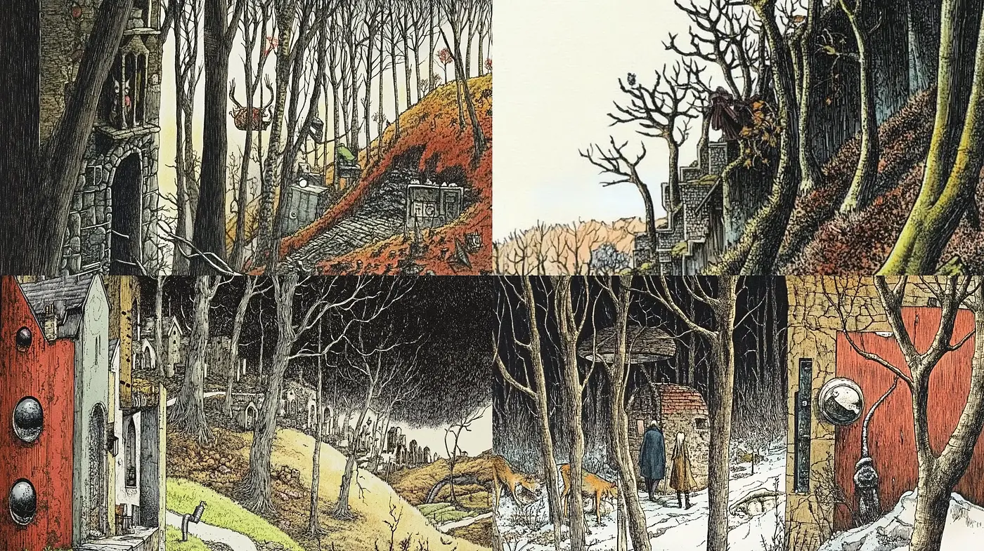 Whimsical Arboreal Elegy in Pen and Ink - Midjourney sref style