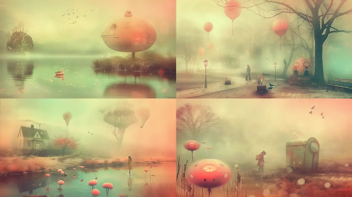 Dreamlike and ethereal landscape with whimsical elements - Midjourney sref style