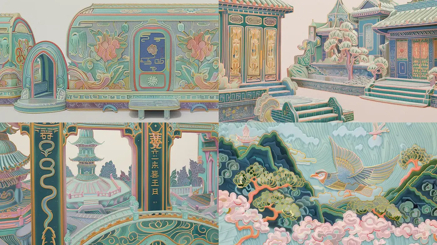 Intricate Architectural Fantasy with Soft Color Tones - Midjourney sref style