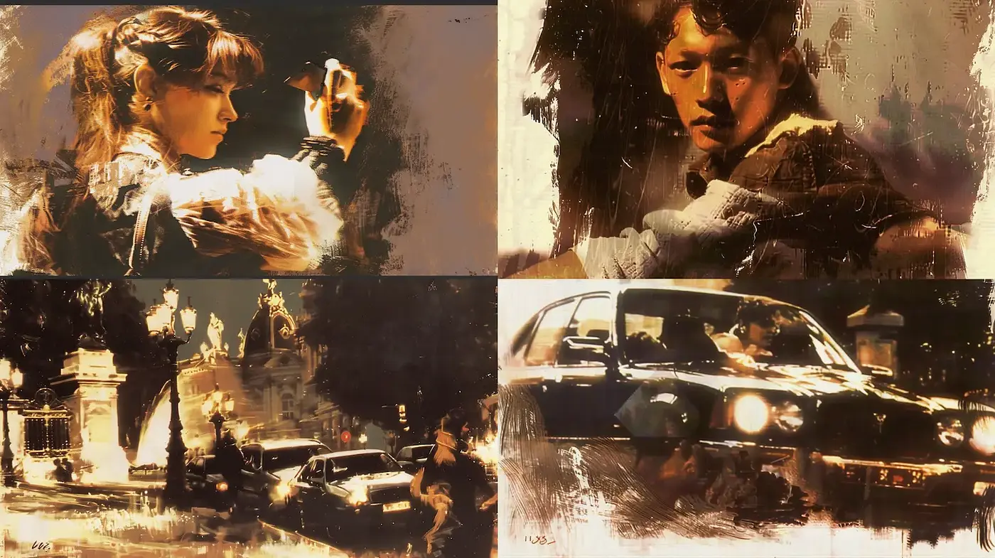 Cinematic Noir with Expressive Brushwork and Rich Textures - Midjourney sref style
