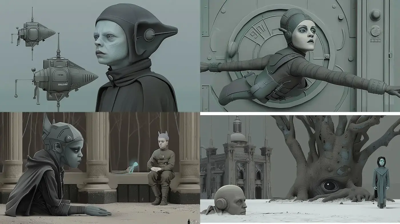 Surreal compositions with a muted color palette and distinctive character design - Midjourney sref style