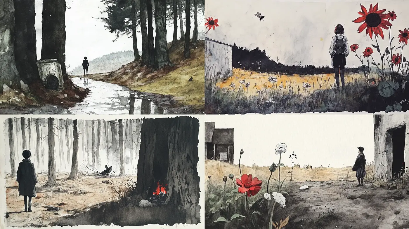 Whimsical Watercolor Narratives with a Monochromatic Essence - Midjourney sref style