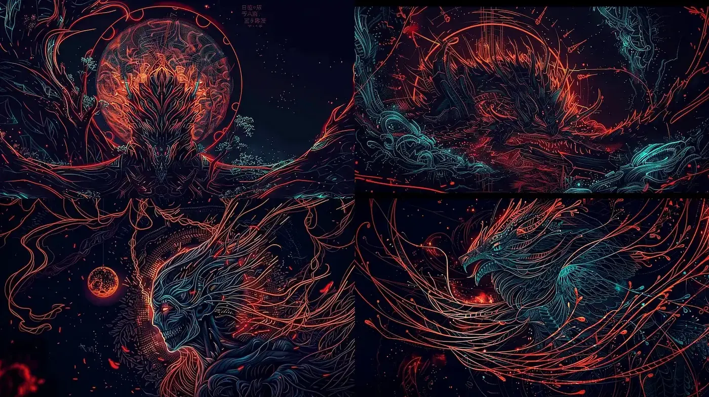 Ethereal Fantasy Art with Intricate Line Work and Bright Neon Accents - Midjourney sref style