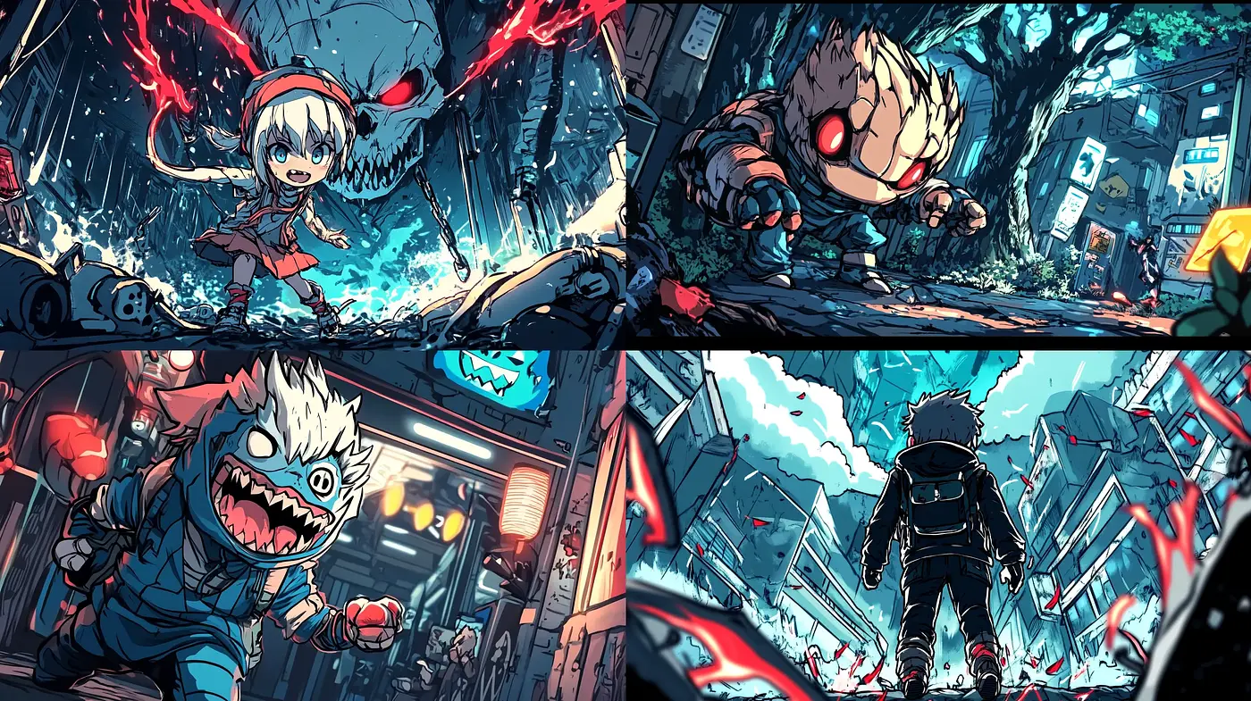 Dynamic Anime-Influenced Action Scenes with Vibrant Overtones - Midjourney sref style