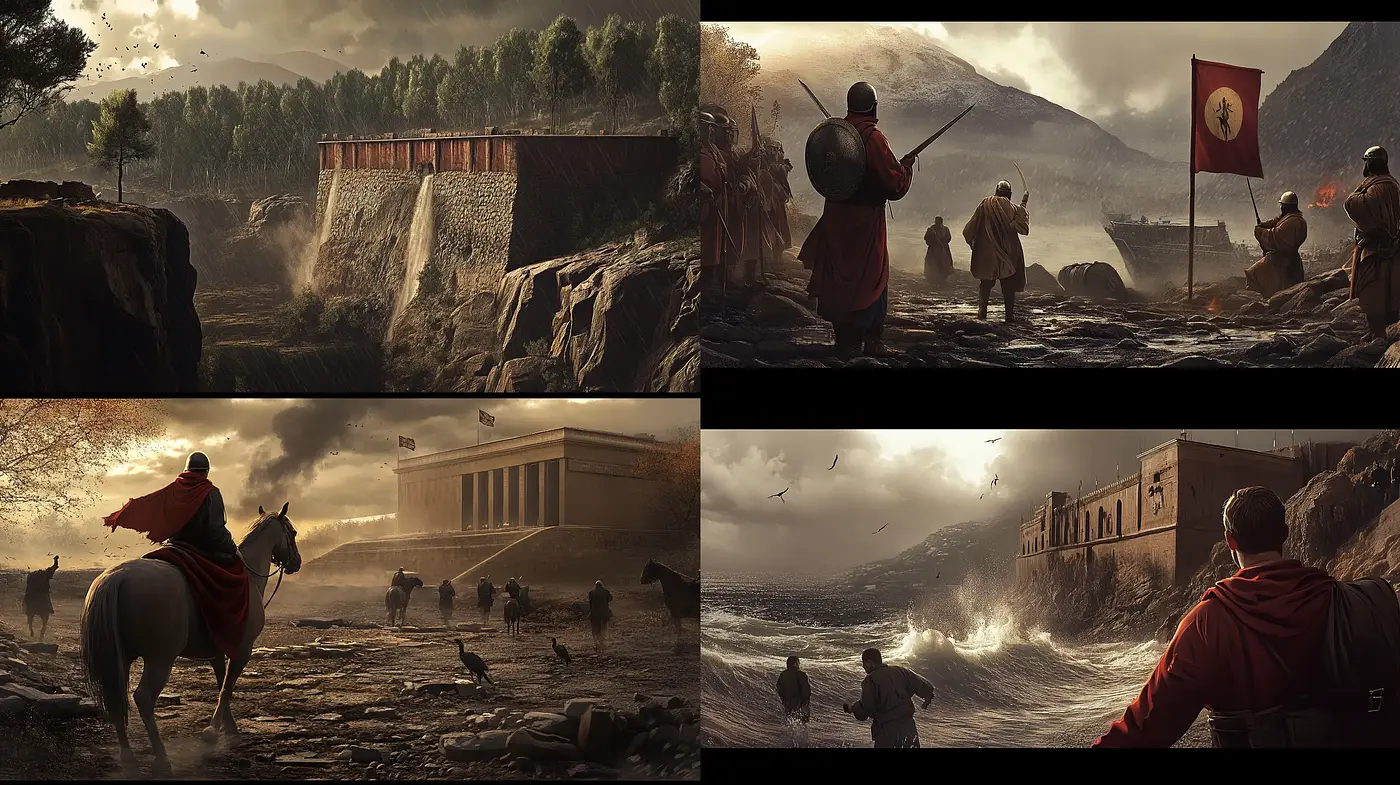 Epic Historical Tapestry: A Sombre Fusion of Warm Tones and Majestic Landscapes - Midjourney sref style