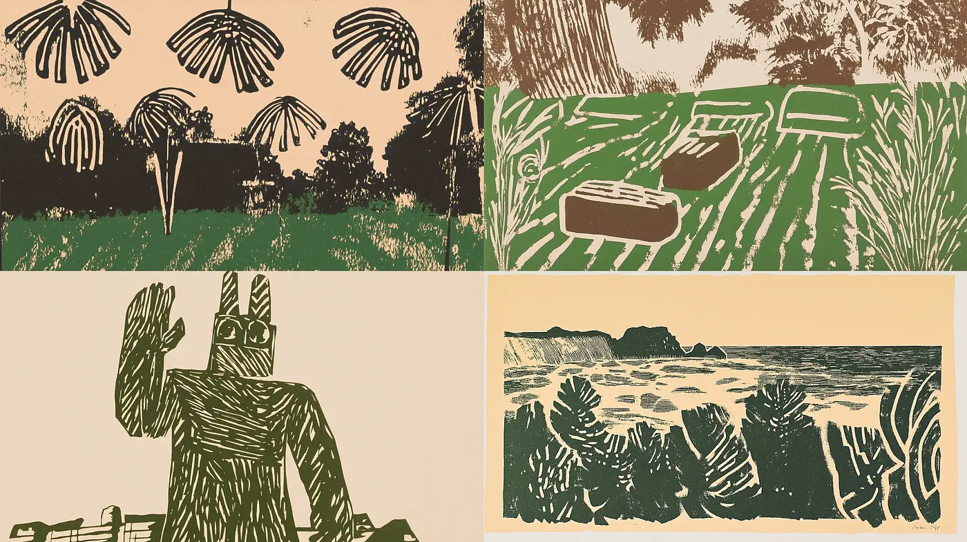 Rustic Linocut Elegance with a Harmonious Earthy Palette - Midjourney sref style