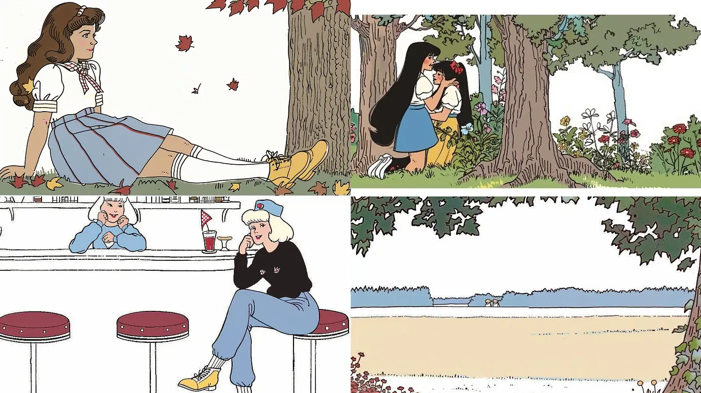Consistent comic-strip essence with vibrant accents in pastoral settings - Midjourney sref style