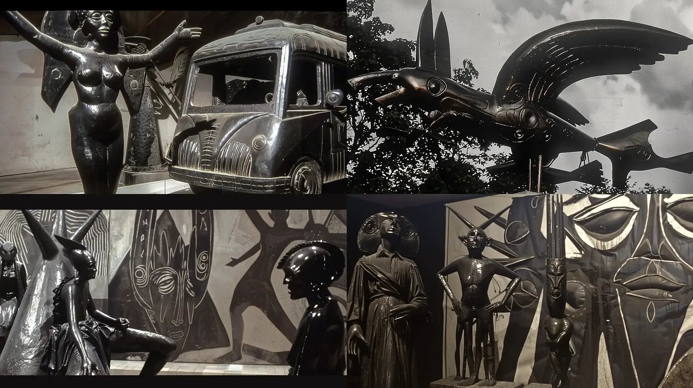Monochromatic Fusional Imagery of Surreal Architectures and Figurative Elements - Midjourney sref style