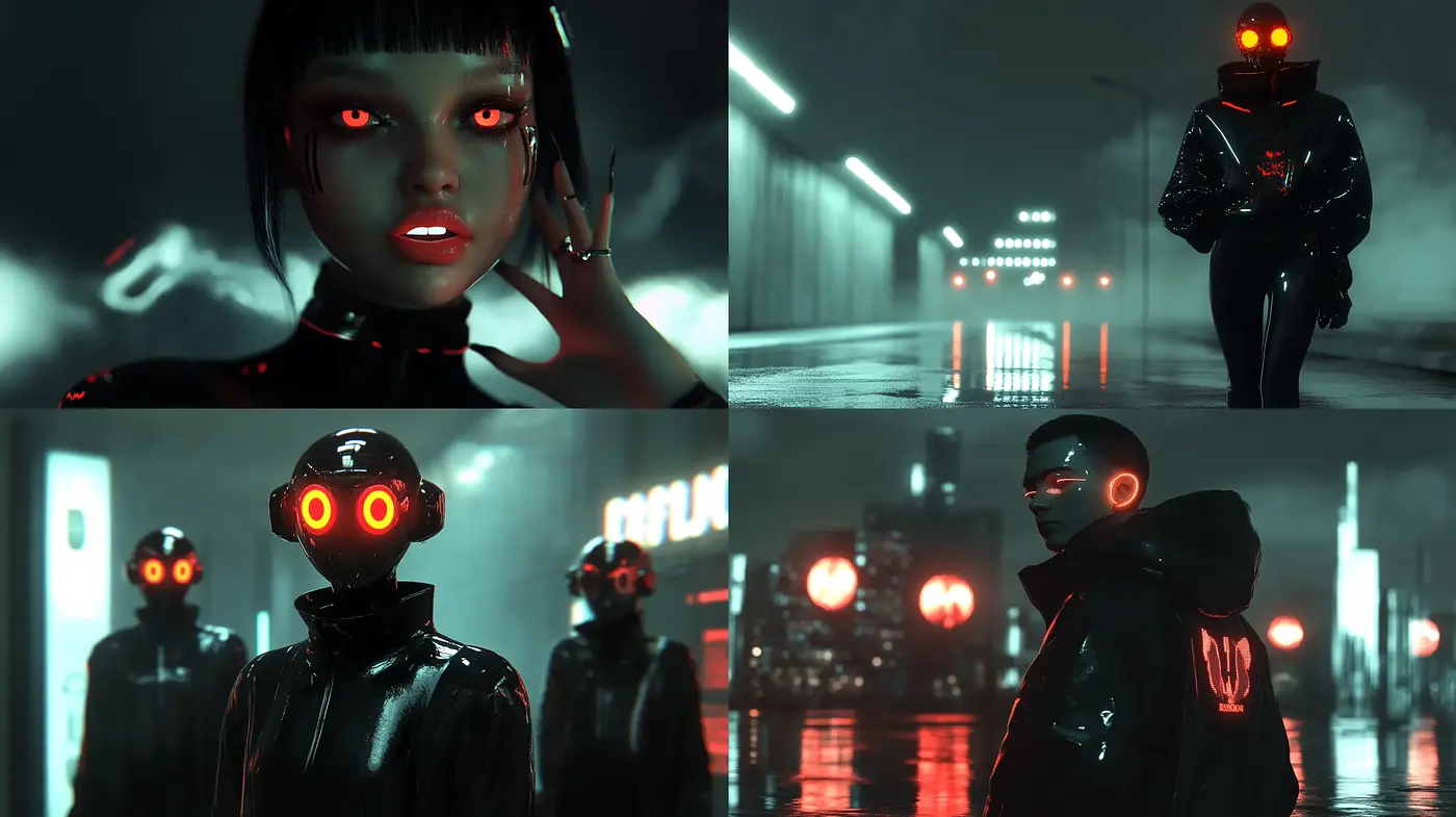 Neon Noir Cyberpunk Visions with Glossy Futuristic Ambience - Midjourney sref style