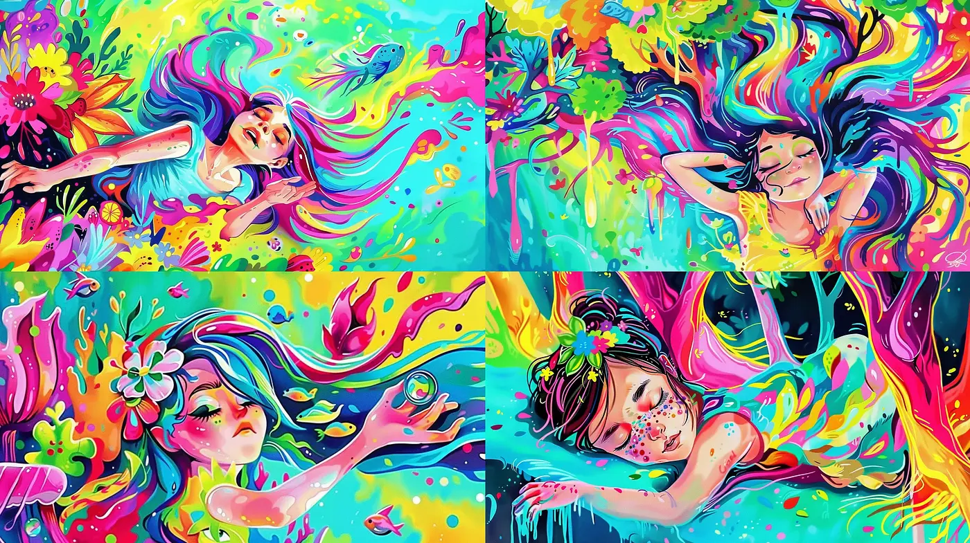 Psychedelic Dreamscape of Vivid Hues and Whimsical Forms - Midjourney sref style