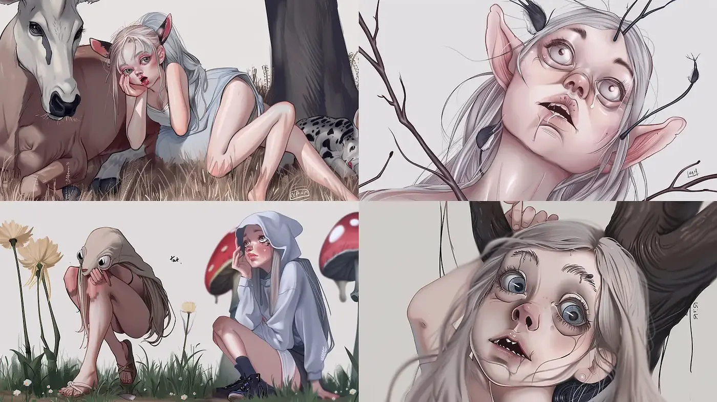 Ethereal illustration with a whimsical yet eerie ambiance blending nature and fantasy - Midjourney sref style