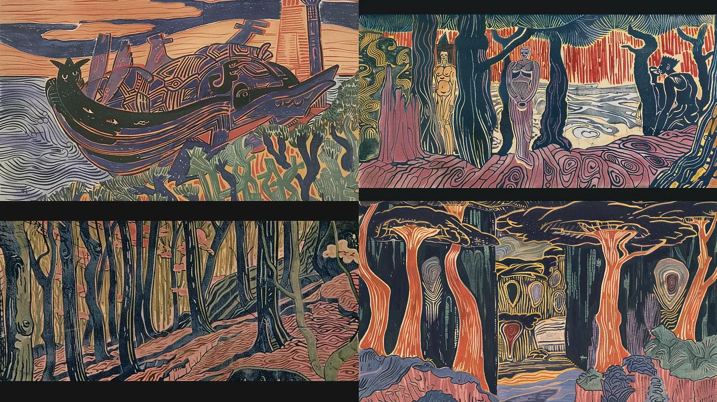 Whimsical Woodblock Dreamscapes: A Homage to Post-Impressionist Folklore - Midjourney sref style