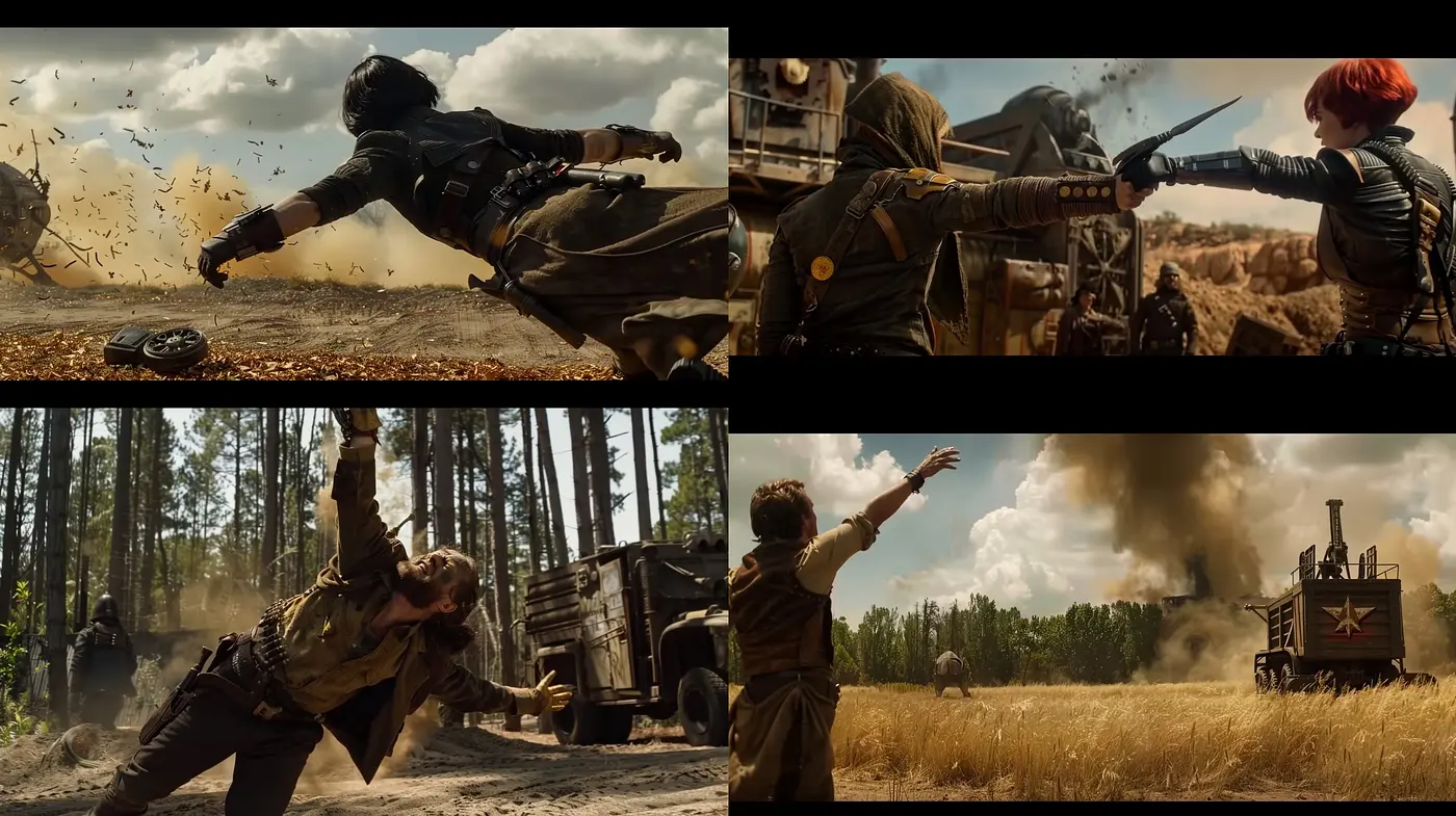 Dynamic Cinematic Tableau with Earthy Tones and Textured Realism - Midjourney sref style