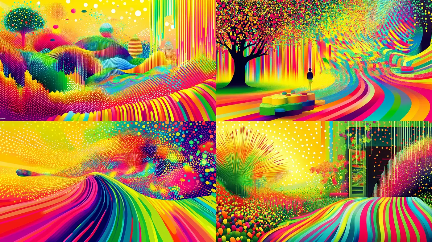 Psychedelic Synthesis: A Mélange of Vivid Hues and Swirling Patterns - Midjourney sref style