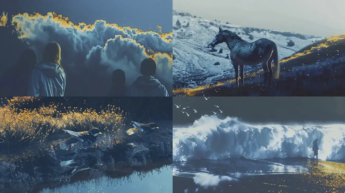 Serene landscapes with dynamic natural elements and ethereal lighting - Midjourney sref style