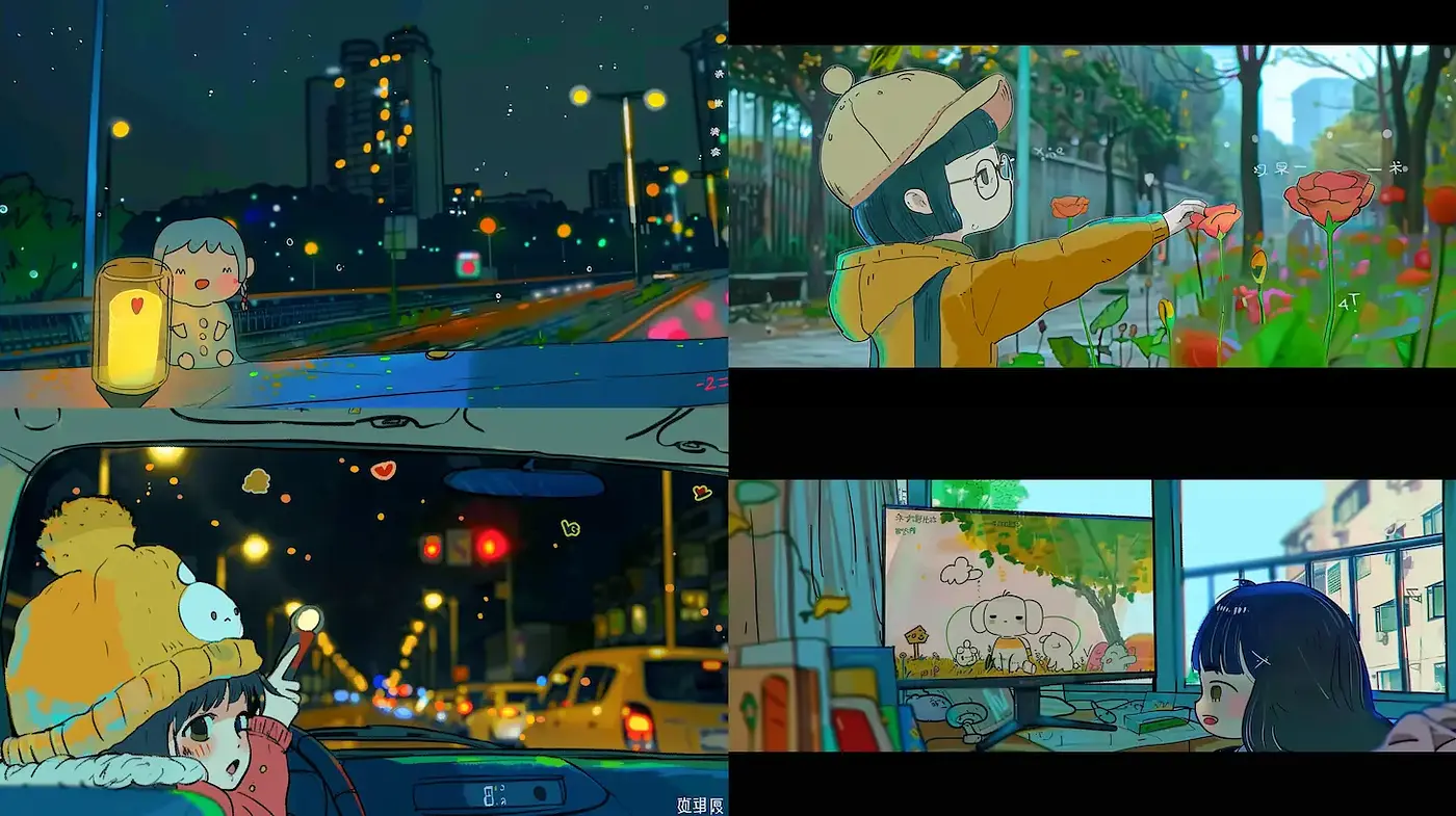 Whimsical Urban Scenes with Soft Neon Lights and Playful Characters - Midjourney sref style