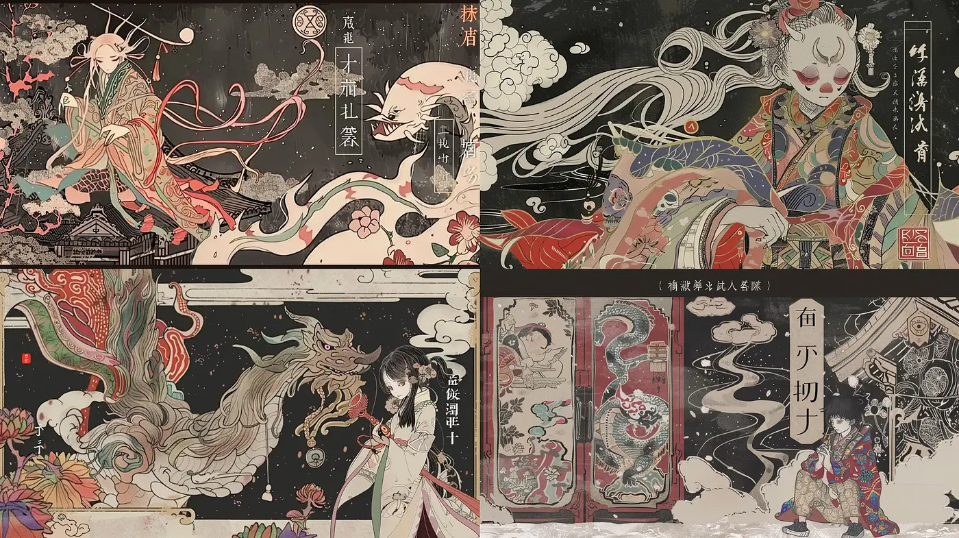 Ethereal Edo-Inspired Dreamscapes with Modern Mythological Motifs - Midjourney sref style