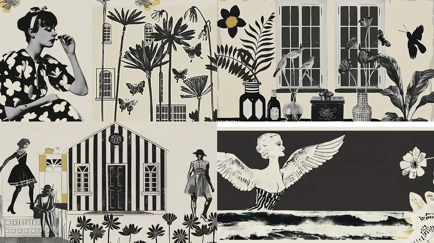 Monochromatic Elegance with Floral and Fauna Accents - Midjourney sref style