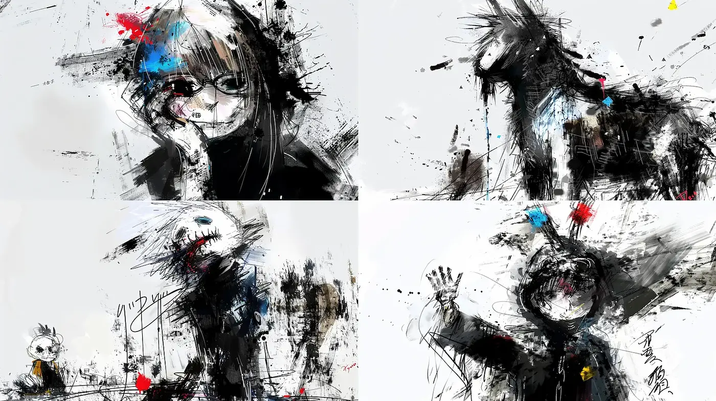 Expressive, Chaotic Brushwork with a Touch of Whimsy and Dark Undertones - Midjourney sref style