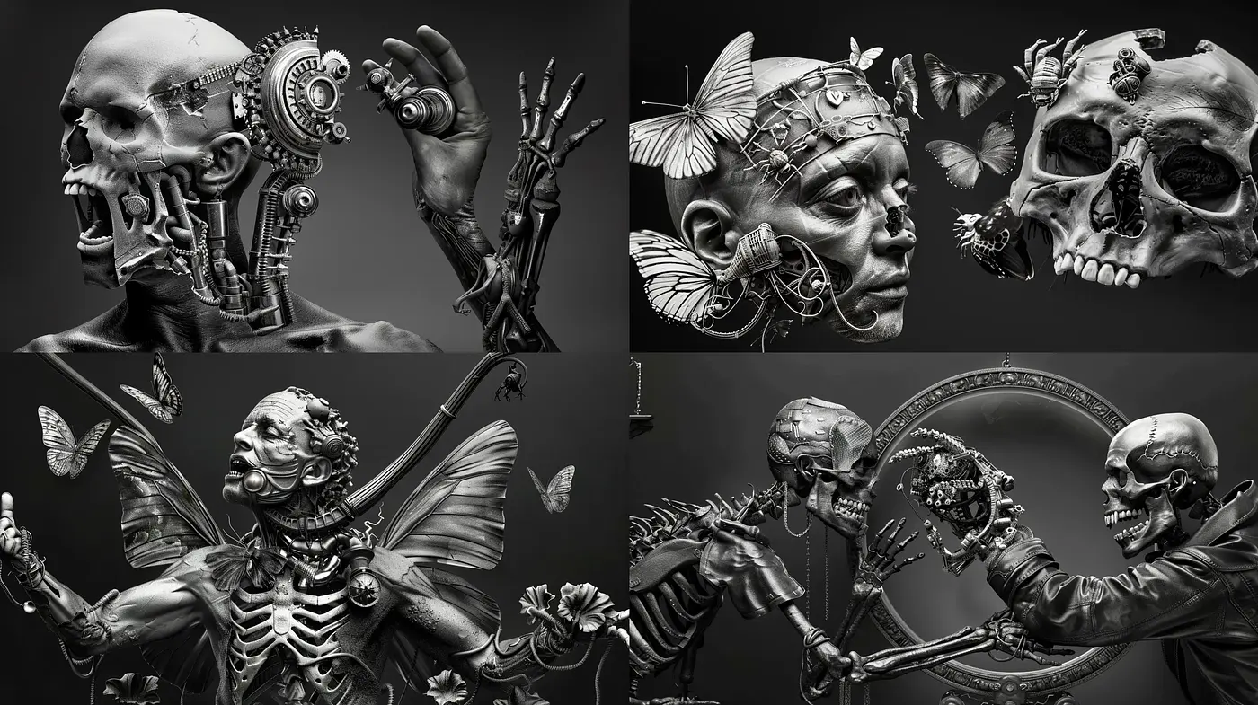 Monochromatic Anatomical Mechanica with Surreal Expressions - Midjourney sref style