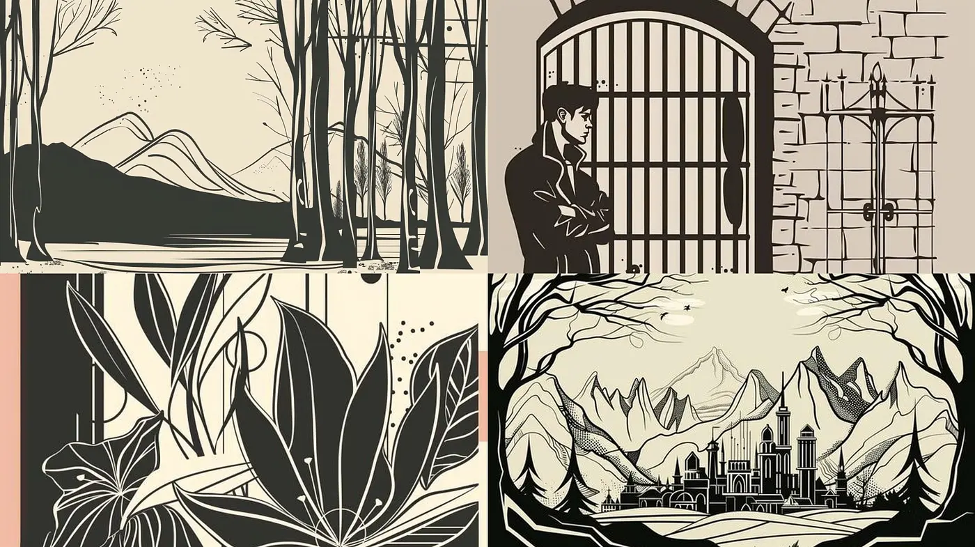 Stylized Monochromatic Illustrations with Contoured Elegance and Nature Themes - Midjourney sref style