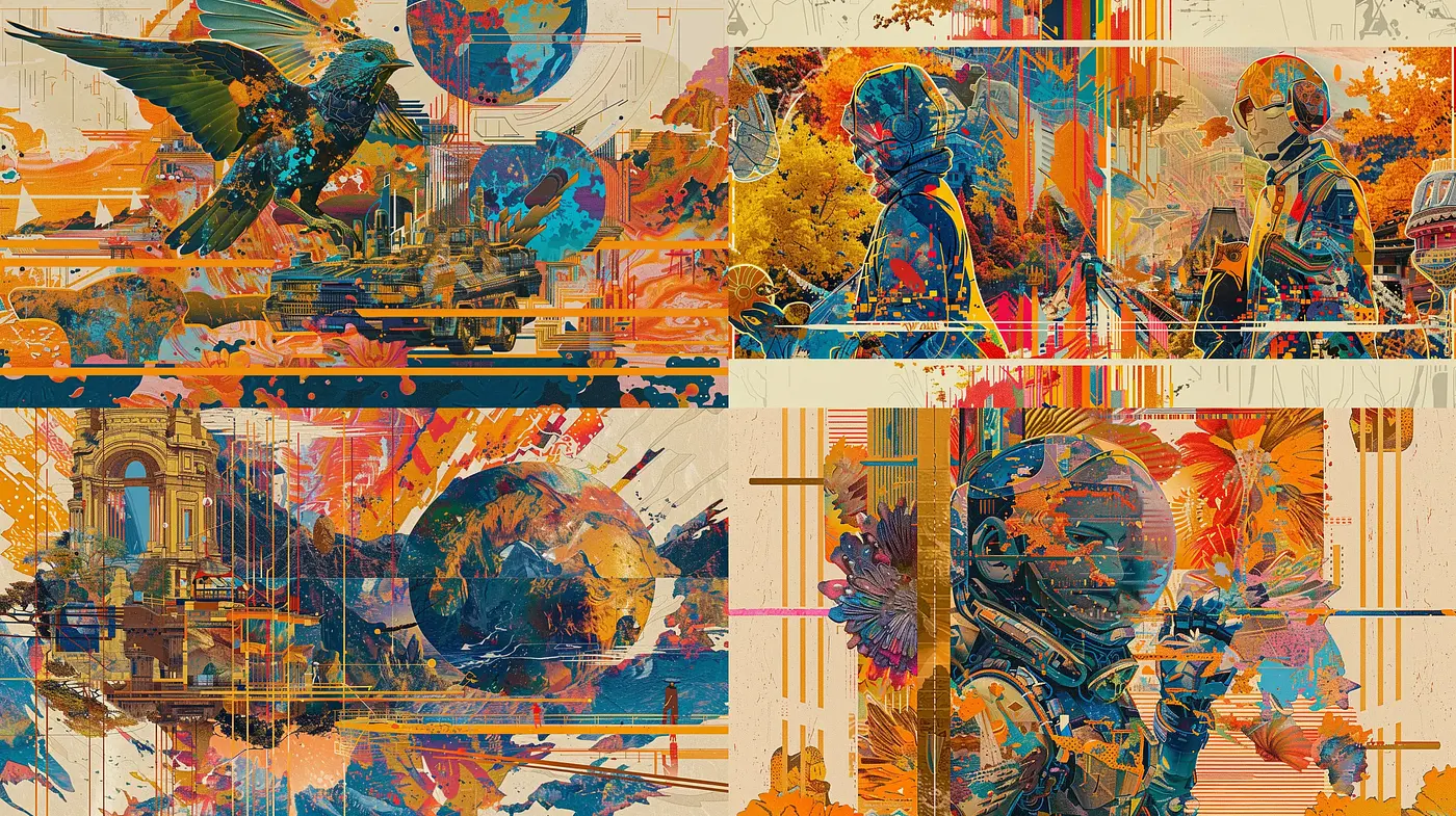 Abstract Layered Collage with a Vibrant Retro-Futuristic Aesthetic - Midjourney sref style