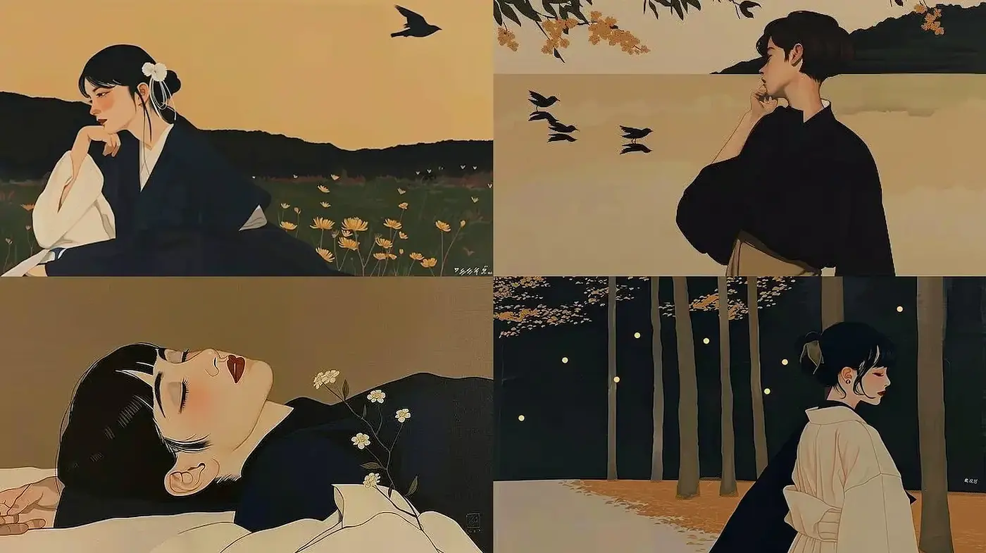 Serene and Melancholic Aesthetic with Nature-Inspired Elements - Midjourney sref style