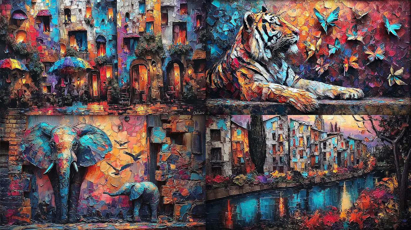 Vibrant and Textured Scenes with a Surreal Quality - Midjourney sref style