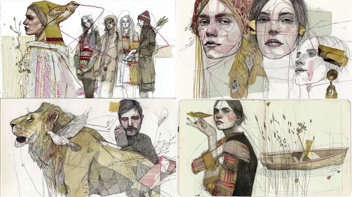 Surreal and Expressive Illustrations with Intricate Line Work - Midjourney sref style