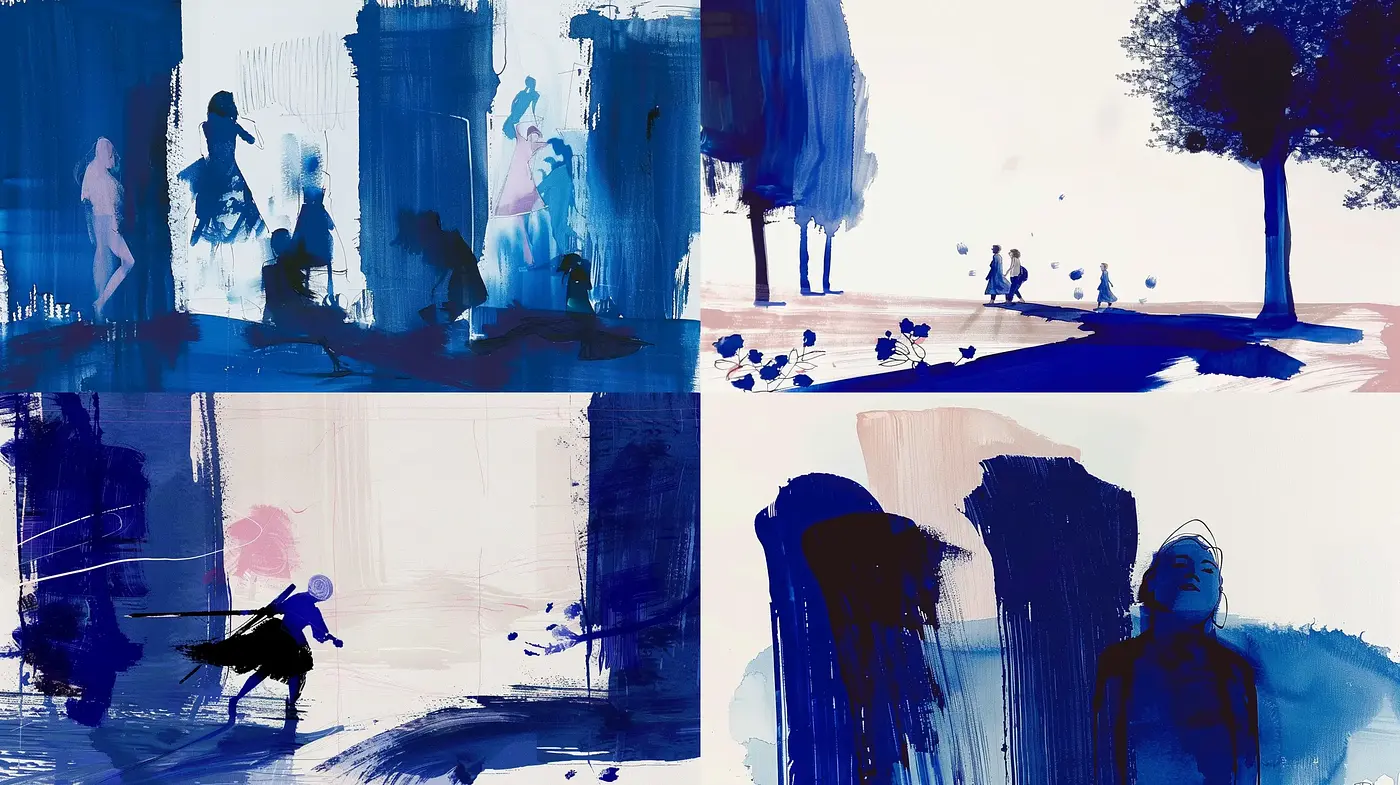 Abstract Expressionist Brushwork with a Monochromatic Blue Palette - Midjourney sref style