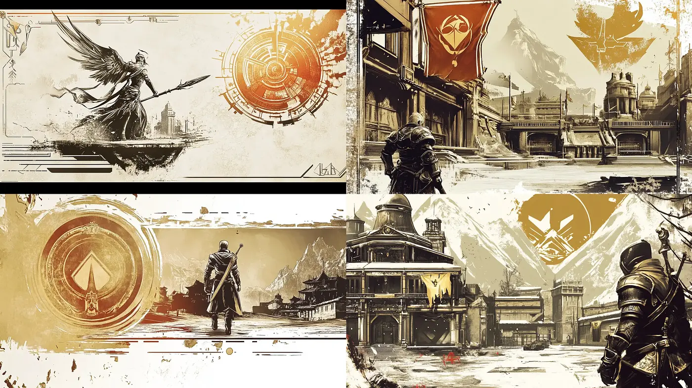 Sepia Toned Concept Art Fusion with a Futuristic-Mythological Motif - Midjourney sref style