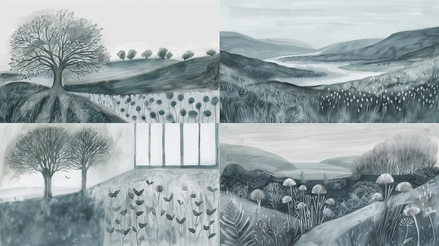Monochromatic Serenity in Stylized Landscapes: A Study in Shades and Texture - Midjourney sref style