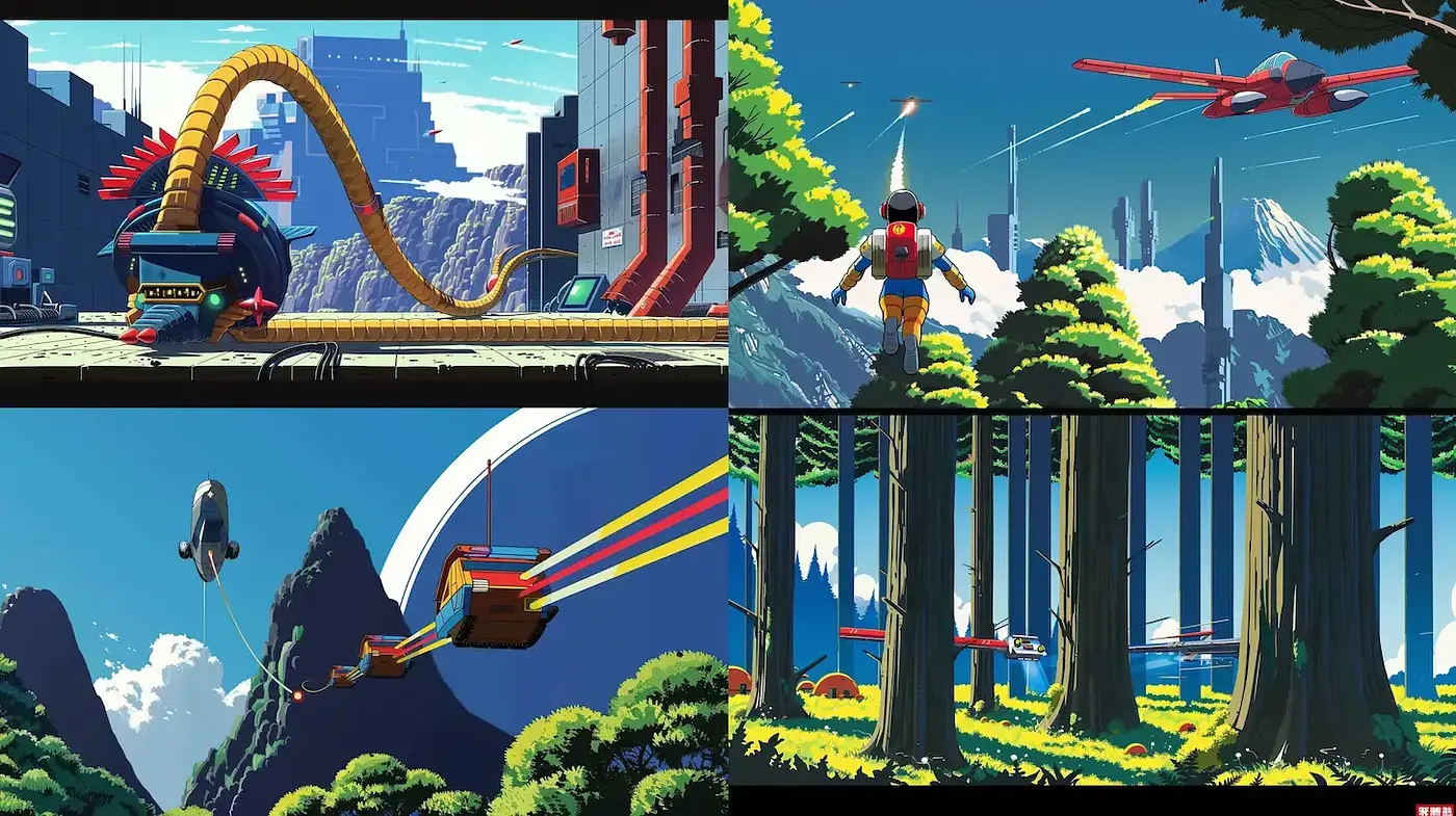 Vibrant Retro-Futuristic Landscapes with Playful Elements - Midjourney sref style