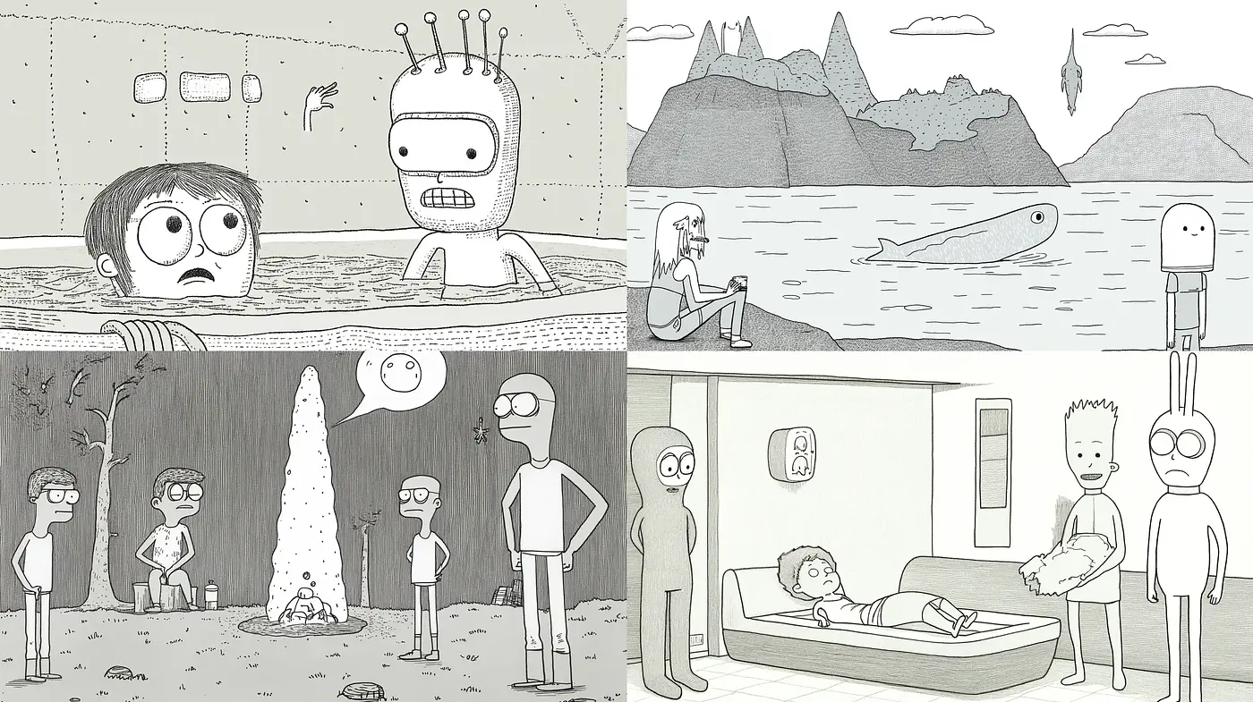 Monochromatic Whimsy in Stylized Line Art Illustrations - Midjourney sref style