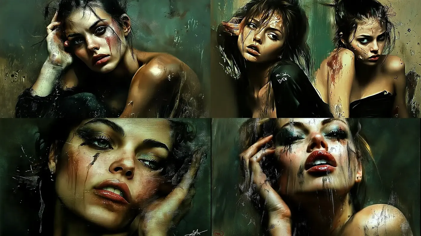 Emotive Rain-Speckled Portraiture Inspired by Dark Realism and Gothic Undertones - Midjourney sref style
